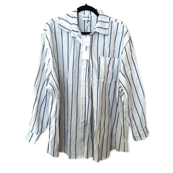 SNDYS Revolve Isla Shirt white Blue Stripe blouse quiet luxury Resort NWT M - Picture 5 of 10